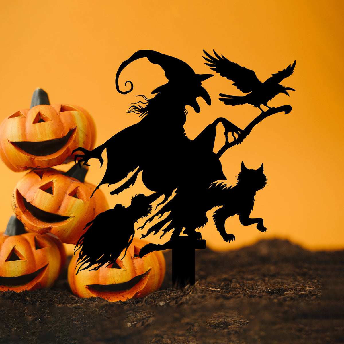 Witch with Cat and Crow Metal Garden Stake, Halloween Decor