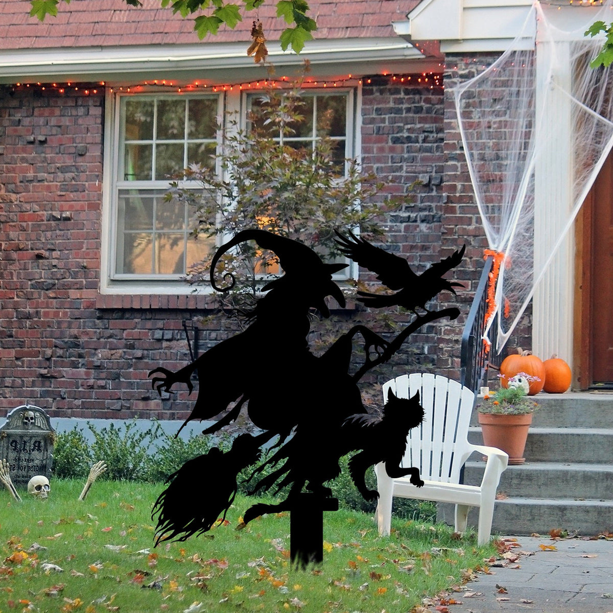 Witch with Cat and Crow Metal Garden Stake, Halloween Decor