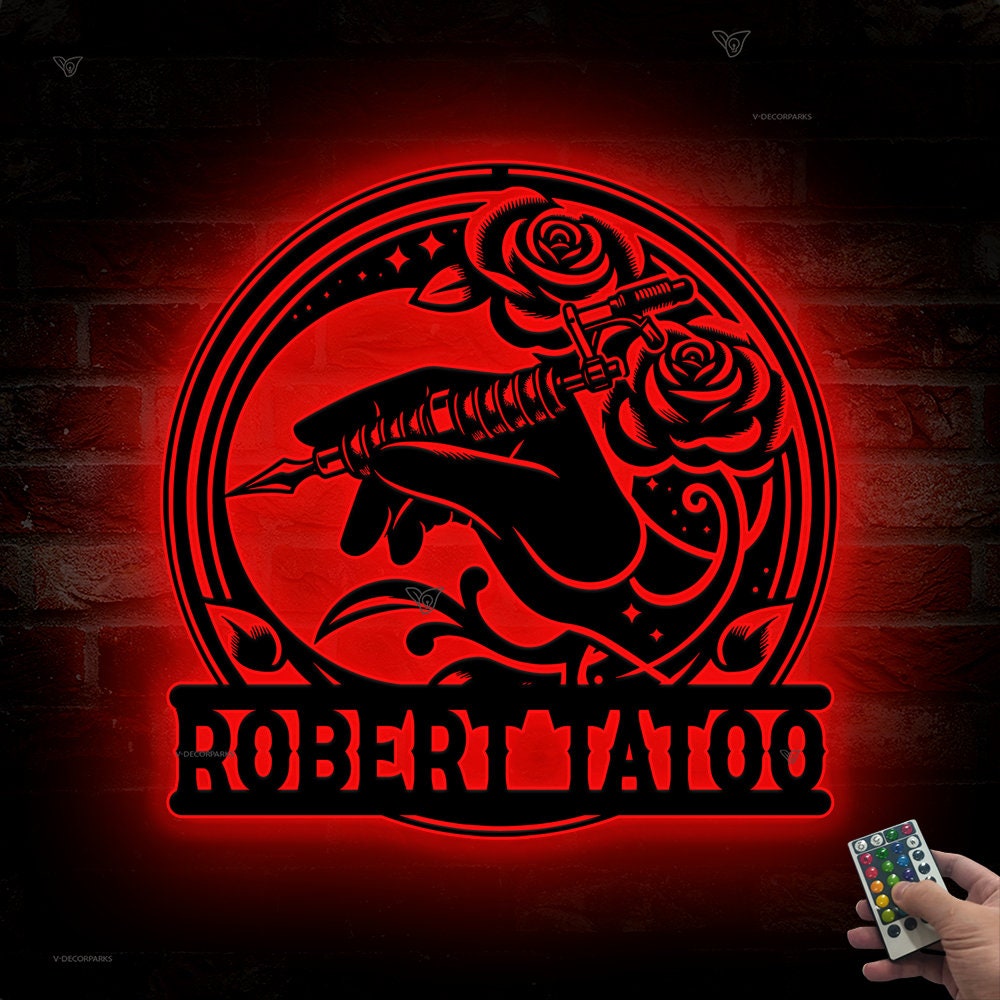 Custom Tattoo Machine Metal Sign with LED Light, Tattoo Artist Gift, Tattoo Shop Decor, Tattoo Studio Wall Decor, Ink Studio Name Sign