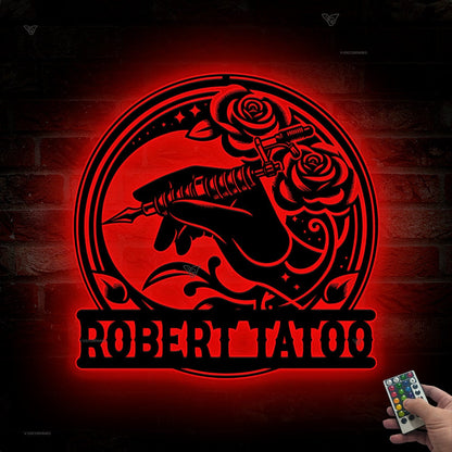 Custom Tattoo Machine Metal Sign with LED Light, Tattoo Artist Gift, Tattoo Shop Decor, Tattoo Studio Wall Decor, Ink Studio Name Sign