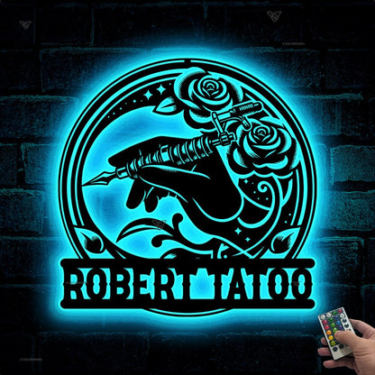 Custom Tattoo Machine Metal Sign with LED Light, Tattoo Artist Gift, Tattoo Shop Decor, Tattoo Studio Wall Decor, Ink Studio Name Sign