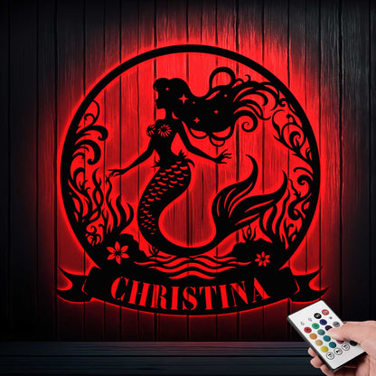 Custom Mermaid Metal Wall Art with Led Light, Mermaid Wall Art, Mermaid Lover Gift, Beach House Decor, Mermaid Tail Name Sign