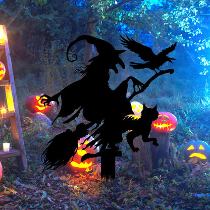Witch with Cat and Crow Metal Garden Stake, Halloween Decor