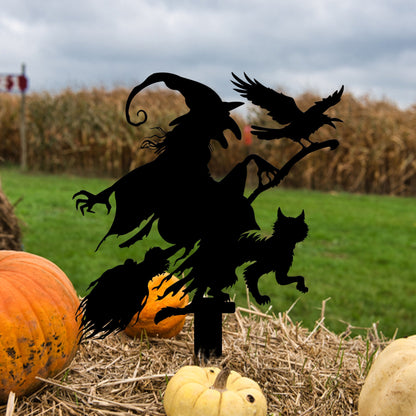 Witch with Cat and Crow Metal Garden Stake, Halloween Decor