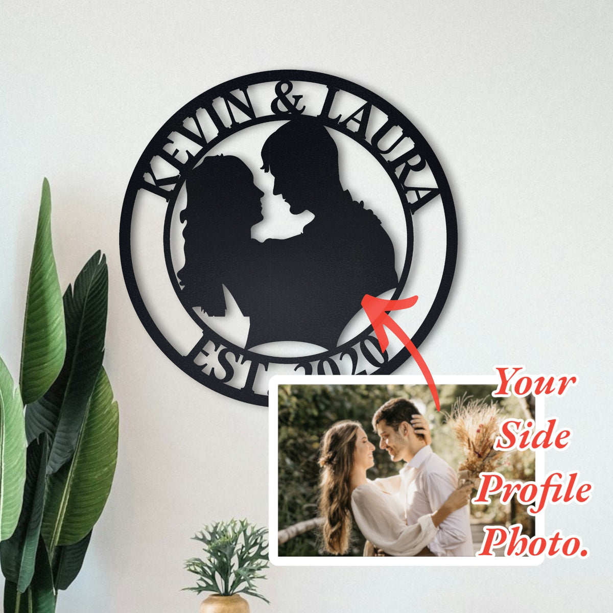 Custom Photo Metal Sign, Couple Silhouette, Established Date, Wedding Gift