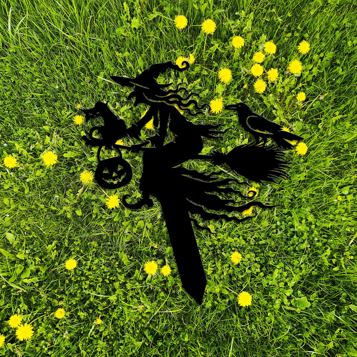 Witch on Broomstick Metal Yard Stake, Halloween Outdoor Decor