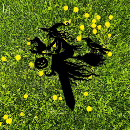 Witch on Broomstick Metal Yard Stake, Halloween Outdoor Decor