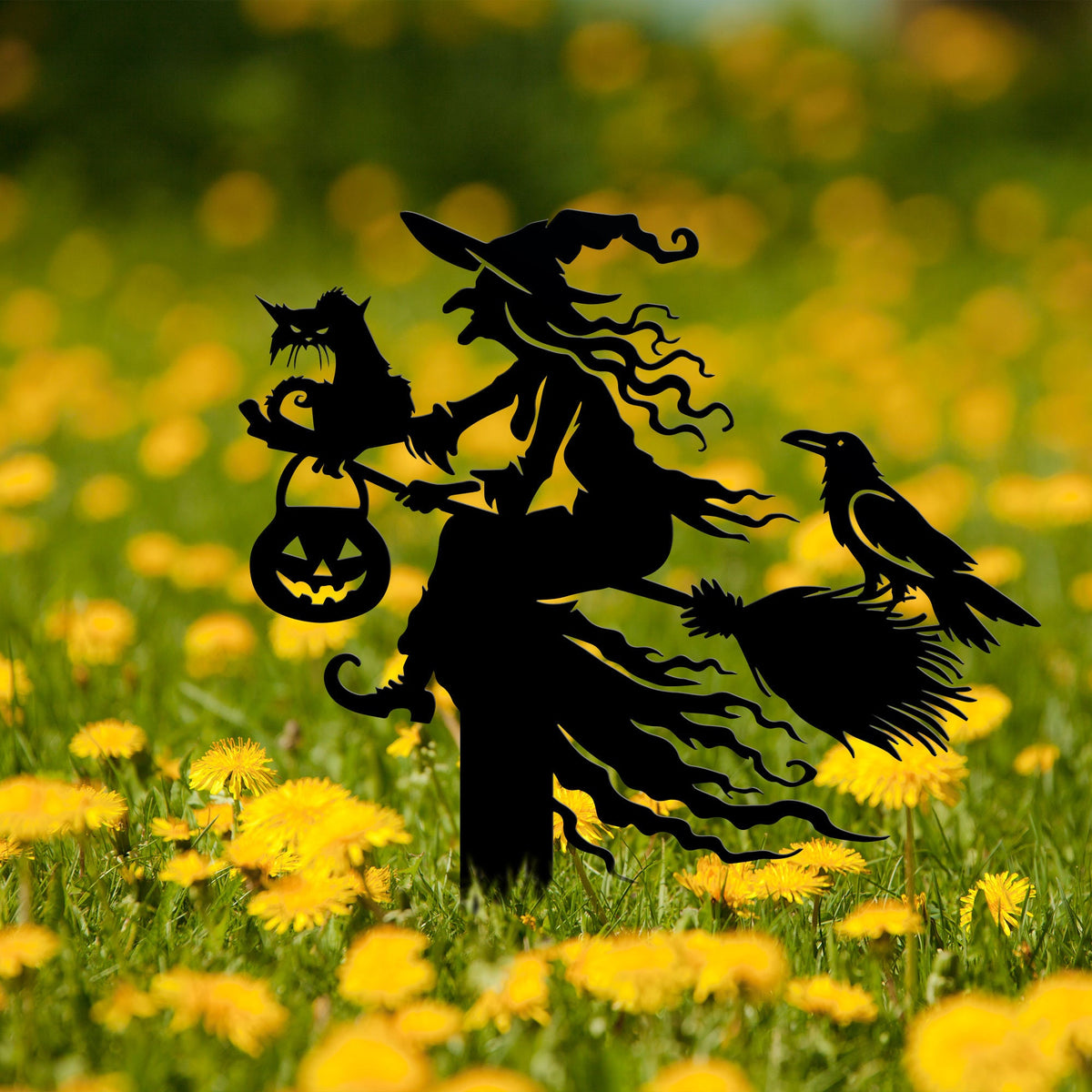 Witch on Broomstick Metal Yard Stake, Halloween Outdoor Decor