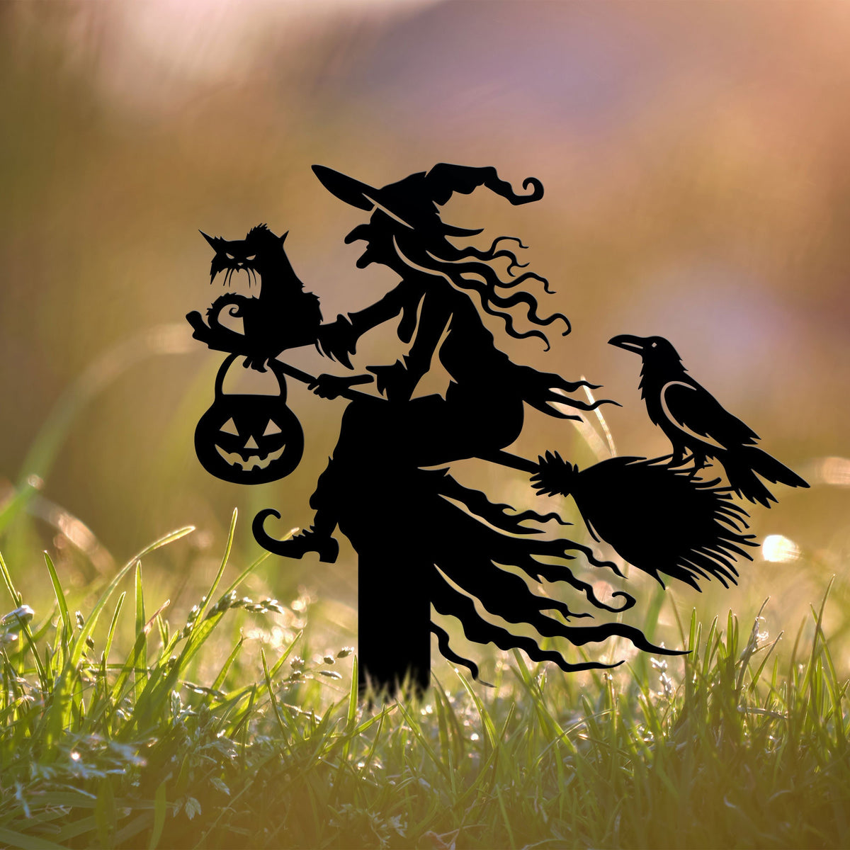 Witch on Broomstick Metal Yard Stake, Halloween Outdoor Decor