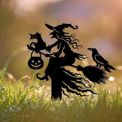 Witch on Broomstick Metal Yard Stake, Halloween Outdoor Decor