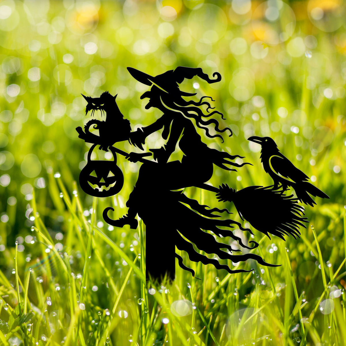 Witch on Broomstick Metal Yard Stake, Halloween Outdoor Decor