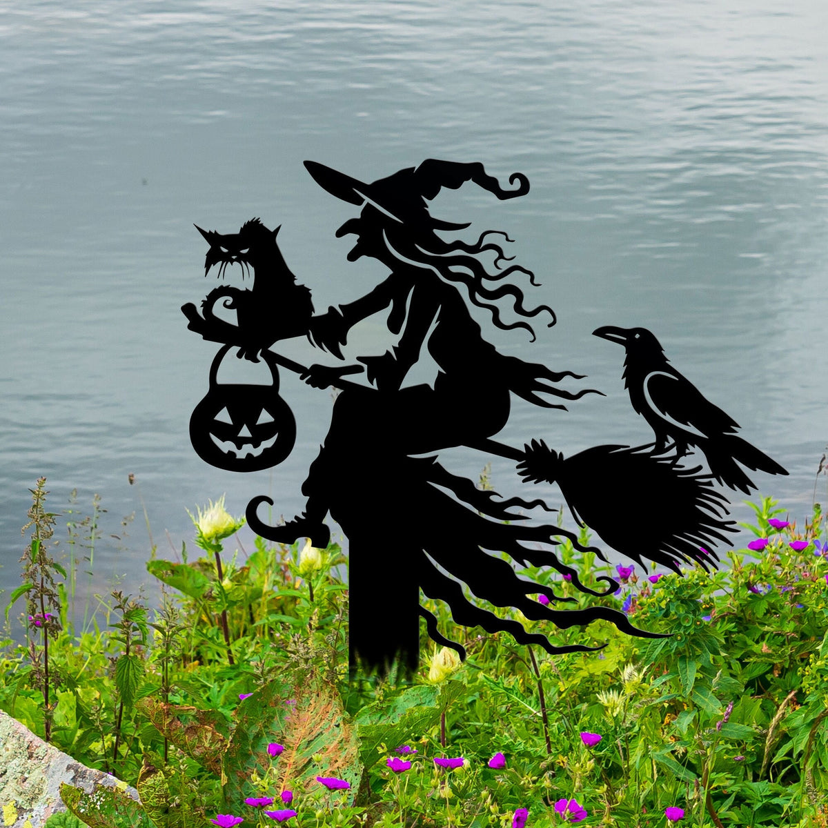 Witch on Broomstick Metal Yard Stake, Halloween Outdoor Decor