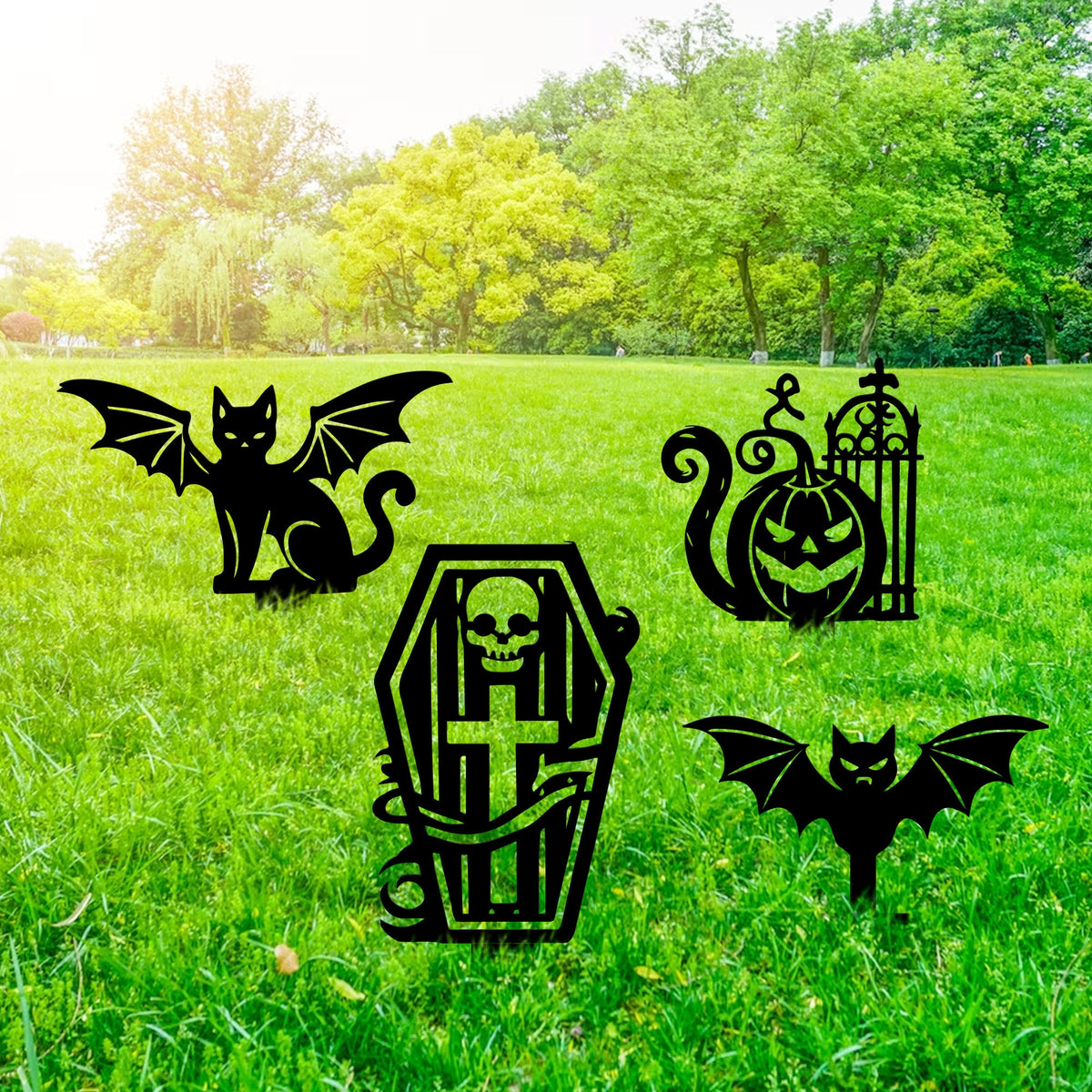 Halloween Metal Garden Stakes, Pumpkin, Tombstone, Cat, Bat