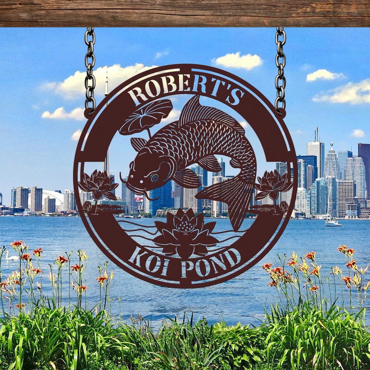 Personalized Koi Pond Decor, Koi Lotus Sign, Koi Fish Metal Sign, Outdoor Fish Sign, Custom Fish Sign, Koi Lotus Metal Art, Fish Wall Art