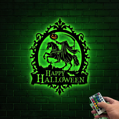LED Headless Horseman Metal Halloween Sign, Spooky Party Decor