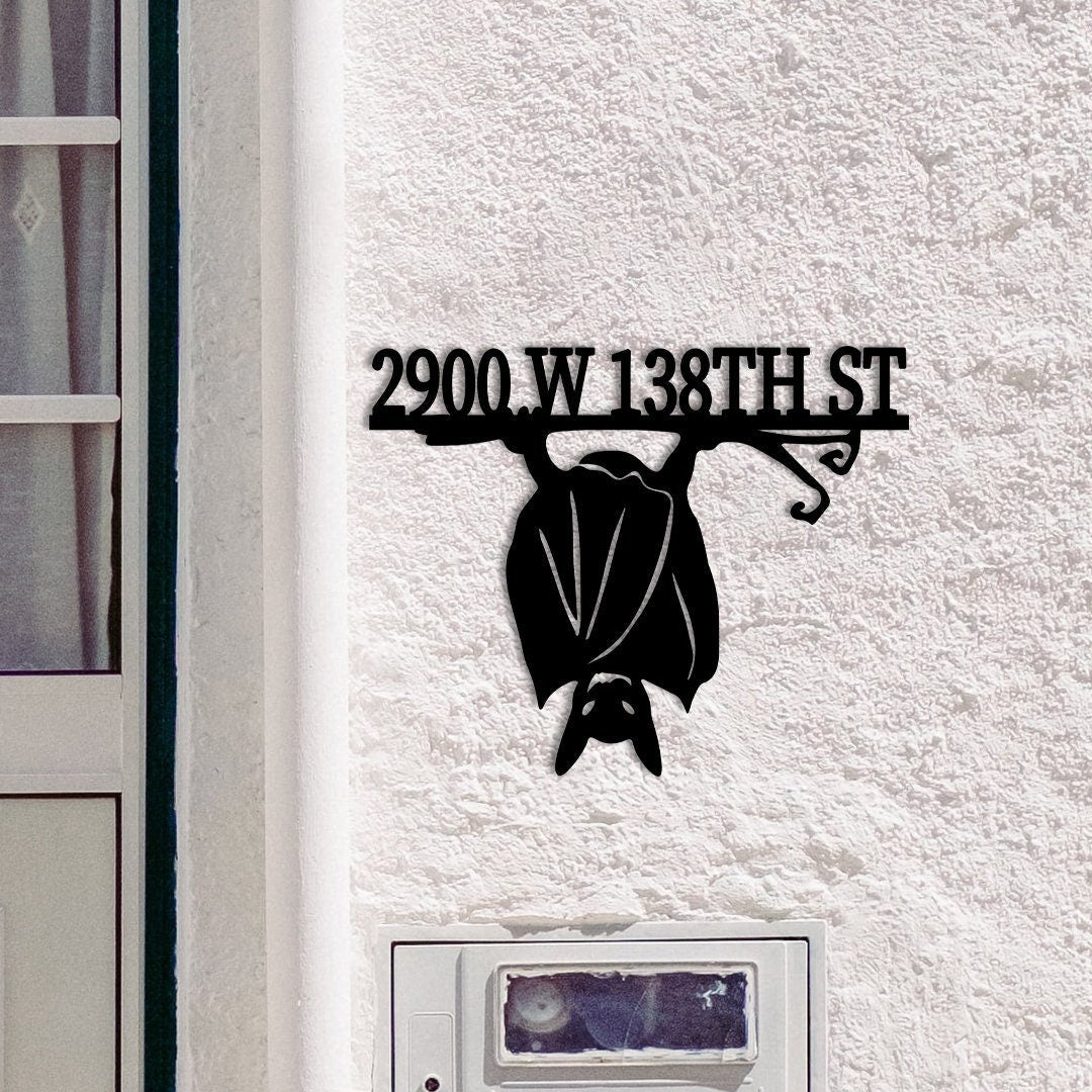 Personalized Bat Address Sign, Custom Metal House Number Plaque, Fall Home Decor