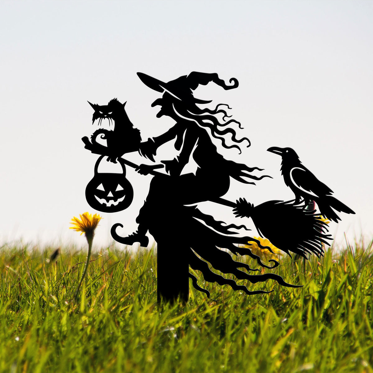 Witch on Broomstick Metal Yard Stake, Halloween Outdoor Decor
