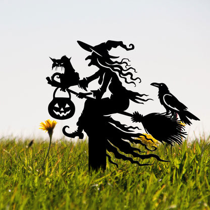 Witch on Broomstick Metal Yard Stake, Halloween Outdoor Decor