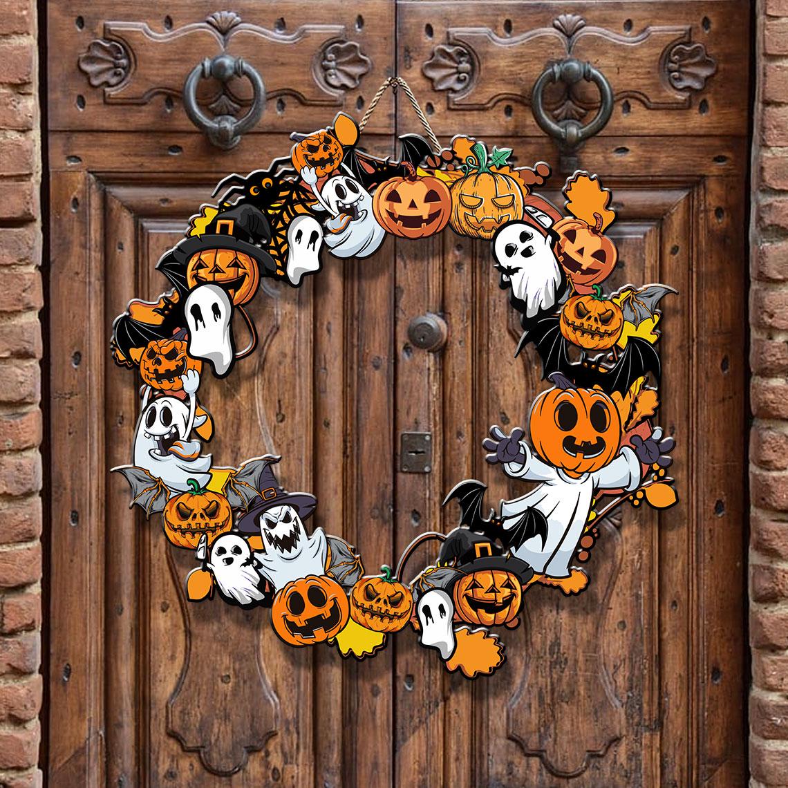 Halloween Ghost Pumpkin Wreath, Spooky Polywood Door Hanger
