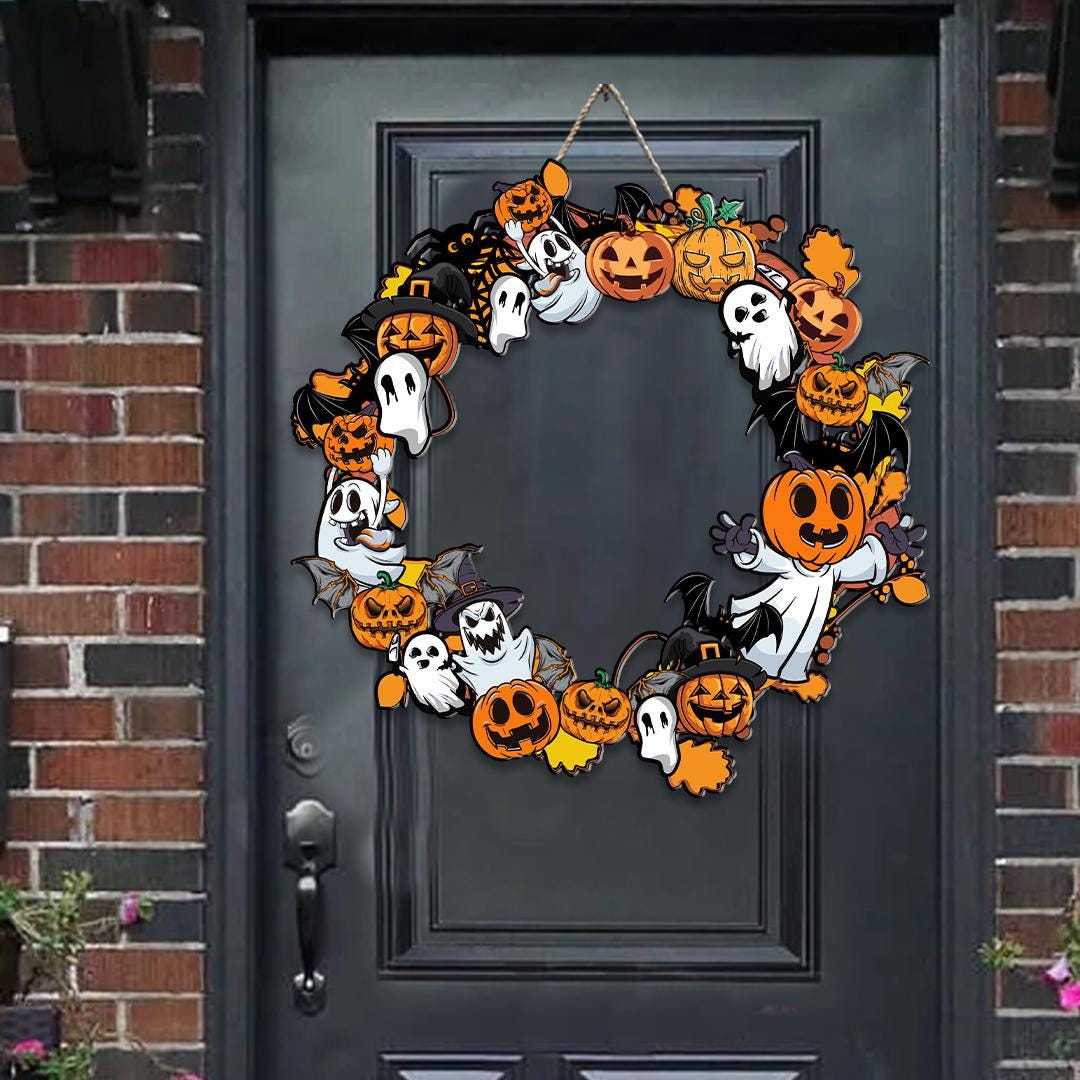 Halloween Ghost Pumpkin Wreath, Spooky Polywood Door Hanger