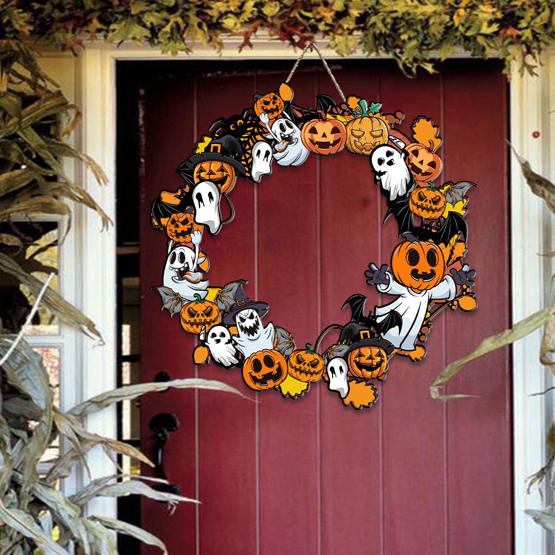 Halloween Ghost Pumpkin Wreath, Spooky Polywood Door Hanger