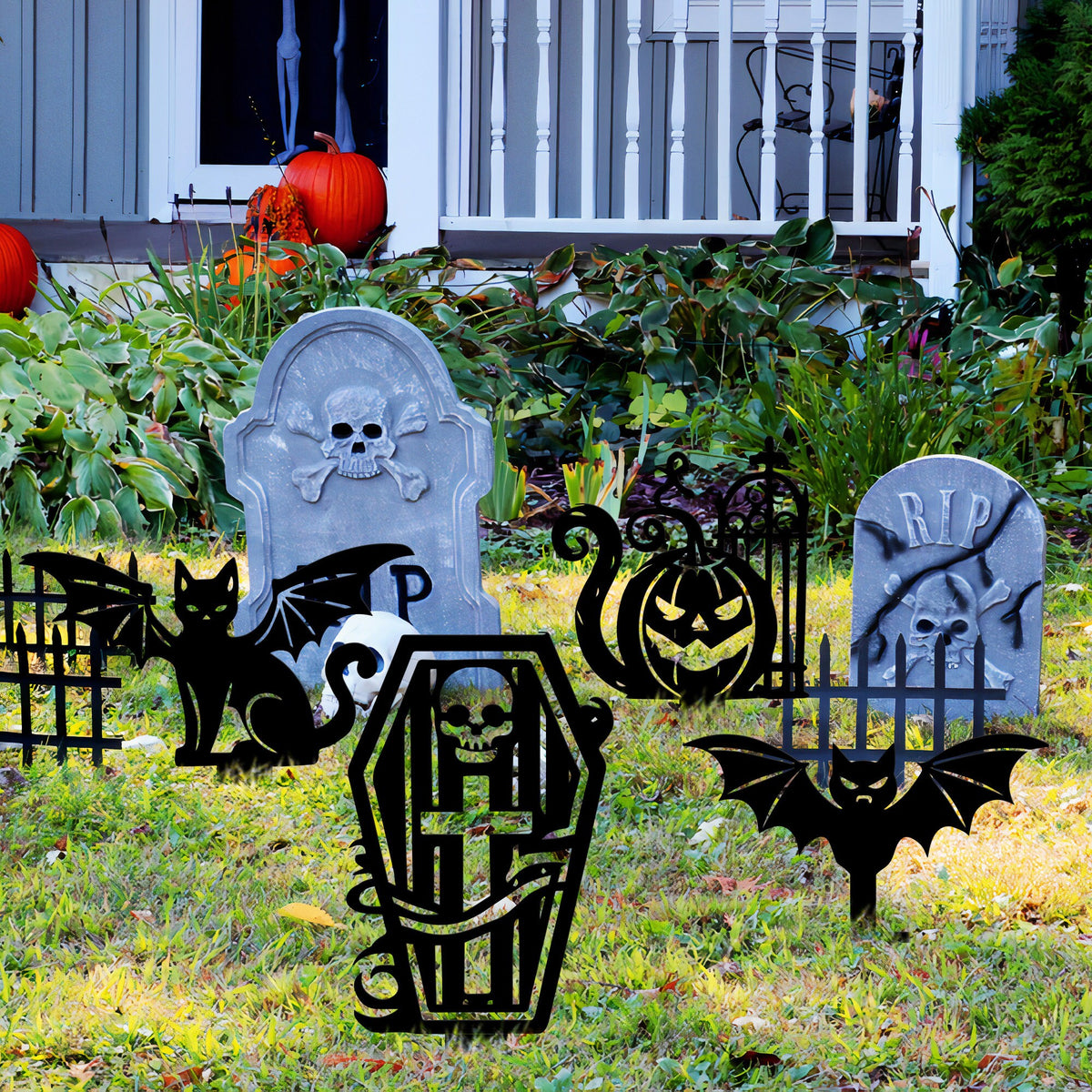 Halloween Metal Garden Stakes, Pumpkin, Tombstone, Cat, Bat