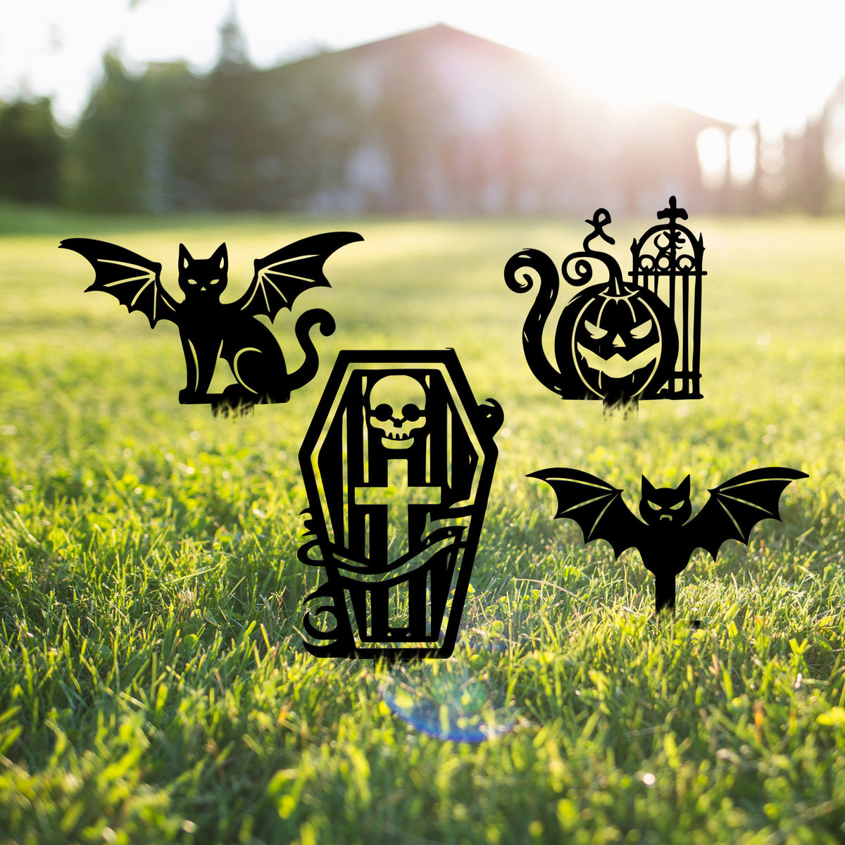 Halloween Metal Garden Stakes, Pumpkin, Tombstone, Cat, Bat
