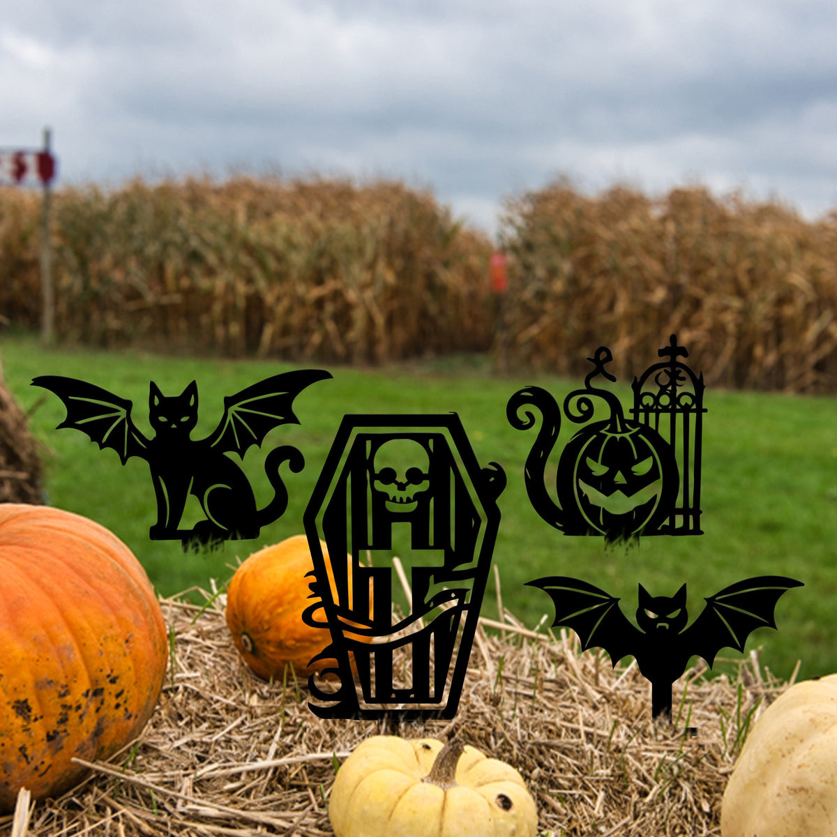 Halloween Metal Garden Stakes, Pumpkin, Tombstone, Cat, Bat
