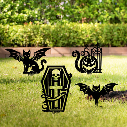 Halloween Metal Garden Stakes, Pumpkin, Tombstone, Cat, Bat