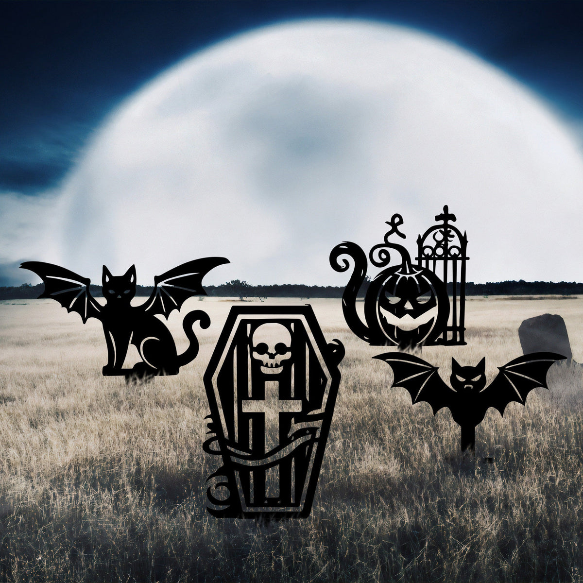 Halloween Metal Garden Stakes, Pumpkin, Tombstone, Cat, Bat