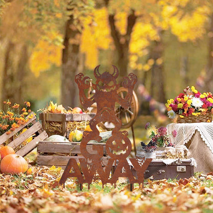 Rusty Metal Monster 'Go Away' Halloween Garden Sign
