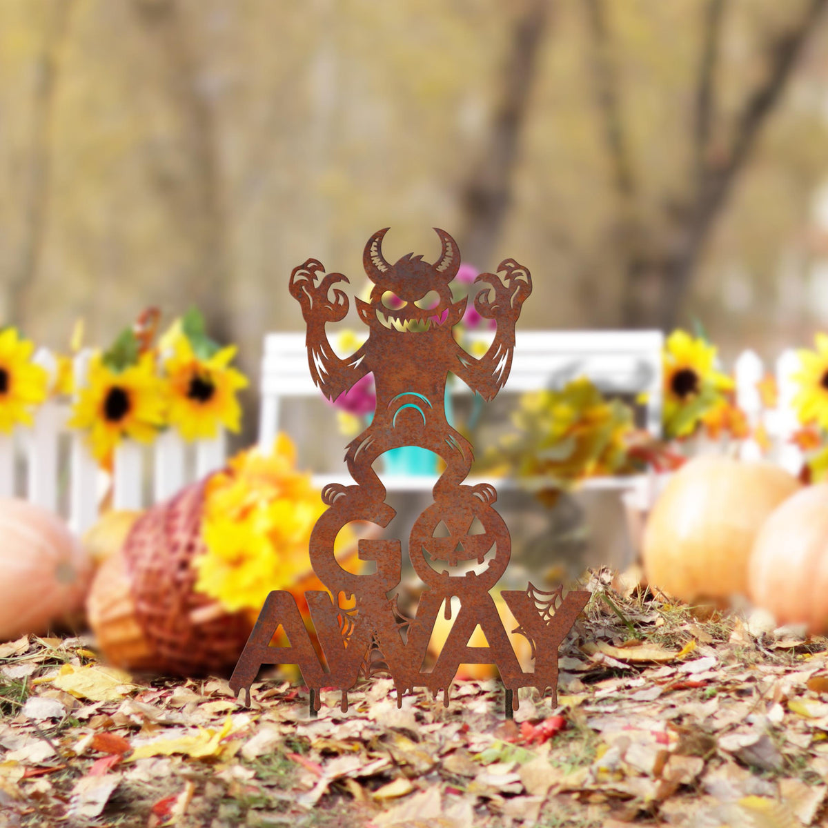 Rusty Metal Monster 'Go Away' Halloween Garden Sign