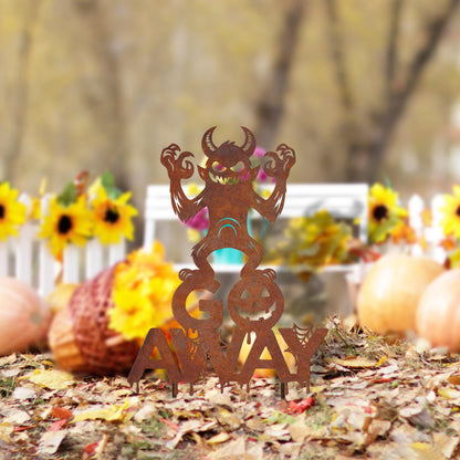 Rusty Metal Monster 'Go Away' Halloween Garden Sign
