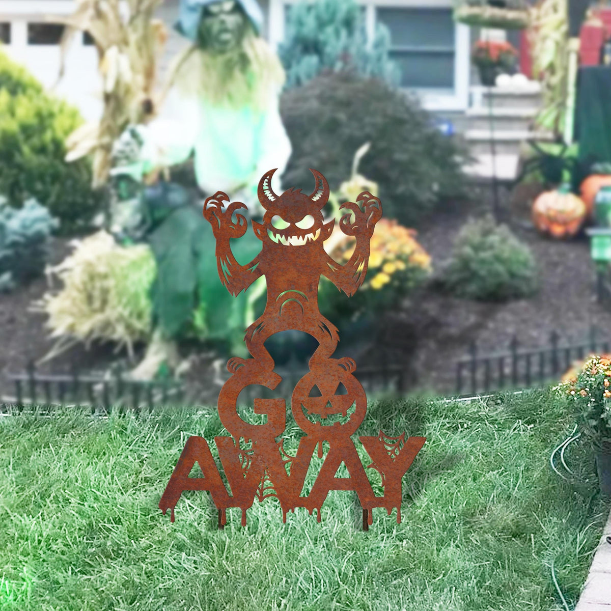 Rusty Metal Monster 'Go Away' Halloween Garden Sign
