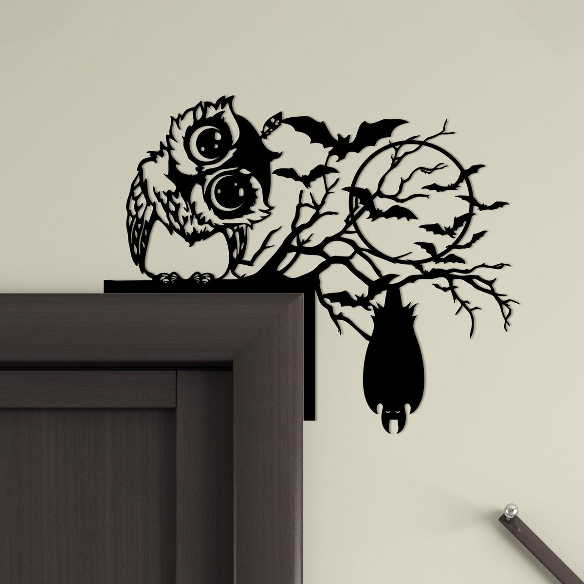 Metal Halloween Door Corner Sign, Owl, Cat, Bat on Tree Branch