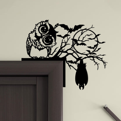 Metal Halloween Door Corner Sign, Owl, Cat, Bat on Tree Branch