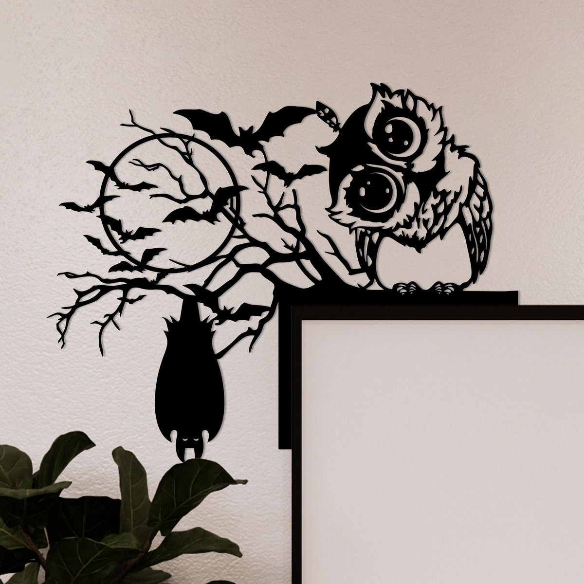 Metal Halloween Door Corner Sign, Owl, Cat, Bat on Tree Branch