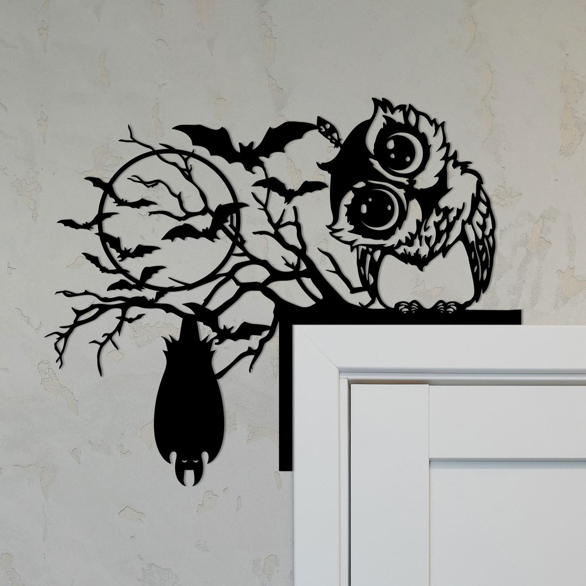 Metal Halloween Door Corner Sign, Owl, Cat, Bat on Tree Branch