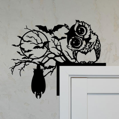 Metal Halloween Door Corner Sign, Owl, Cat, Bat on Tree Branch