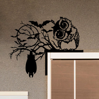 Metal Halloween Door Corner Sign, Owl, Cat, Bat on Tree Branch