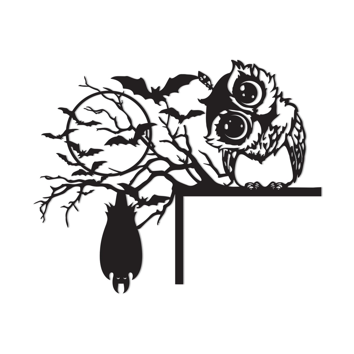 Metal Halloween Door Corner Sign, Owl, Cat, Bat on Tree Branch