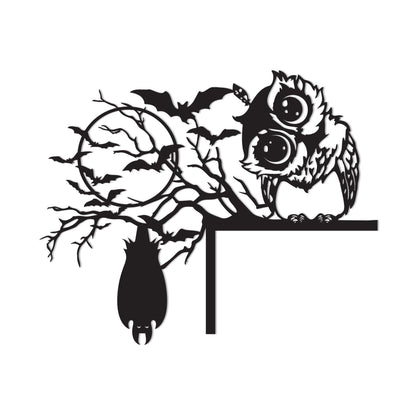 Metal Halloween Door Corner Sign, Owl, Cat, Bat on Tree Branch