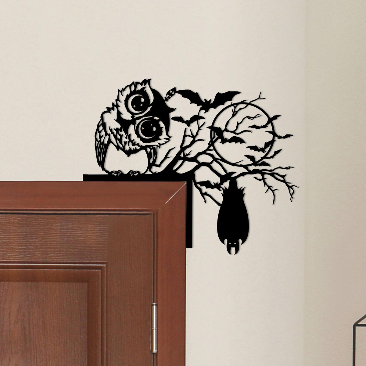 Metal Halloween Door Corner Sign, Owl, Cat, Bat on Tree Branch