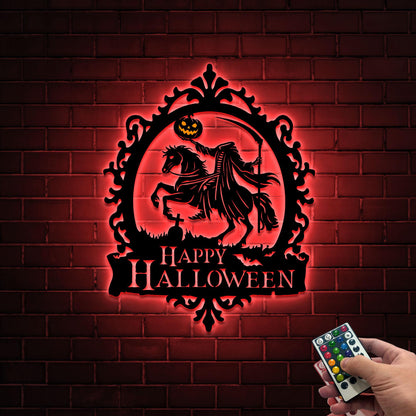 LED Headless Horseman Metal Halloween Sign, Spooky Party Decor