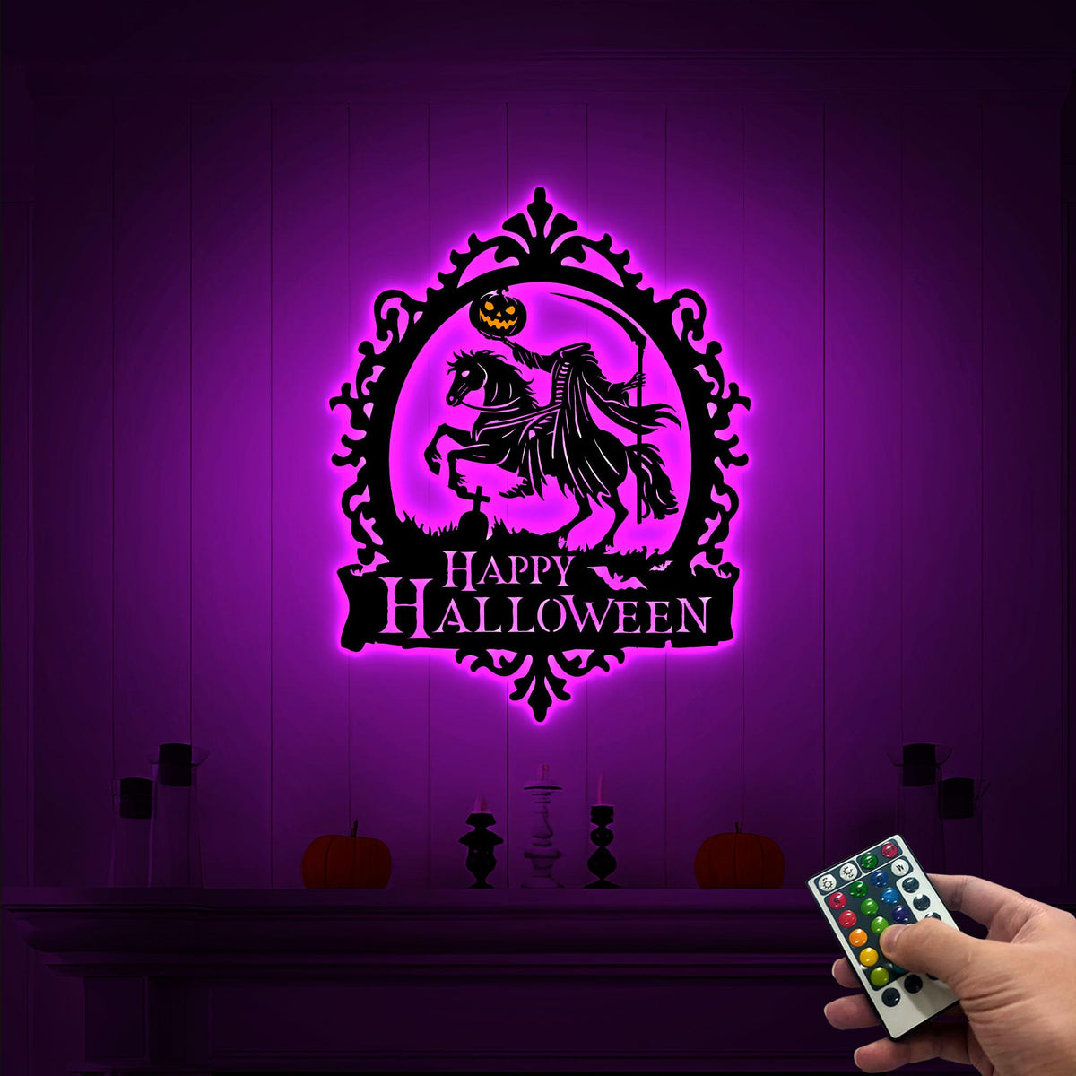 LED Headless Horseman Metal Halloween Sign, Spooky Party Decor