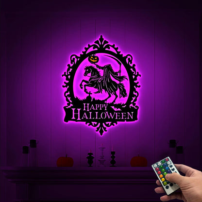 LED Headless Horseman Metal Halloween Sign, Spooky Party Decor