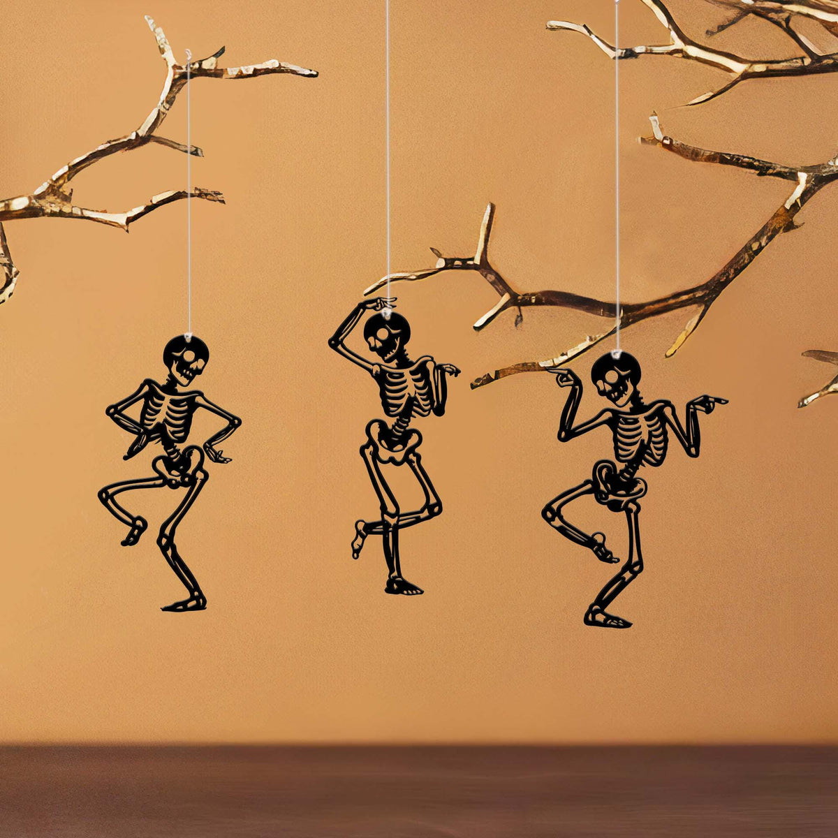 Set of 3 Dancing Skeletons Halloween Ornaments, Funny Metal Sign