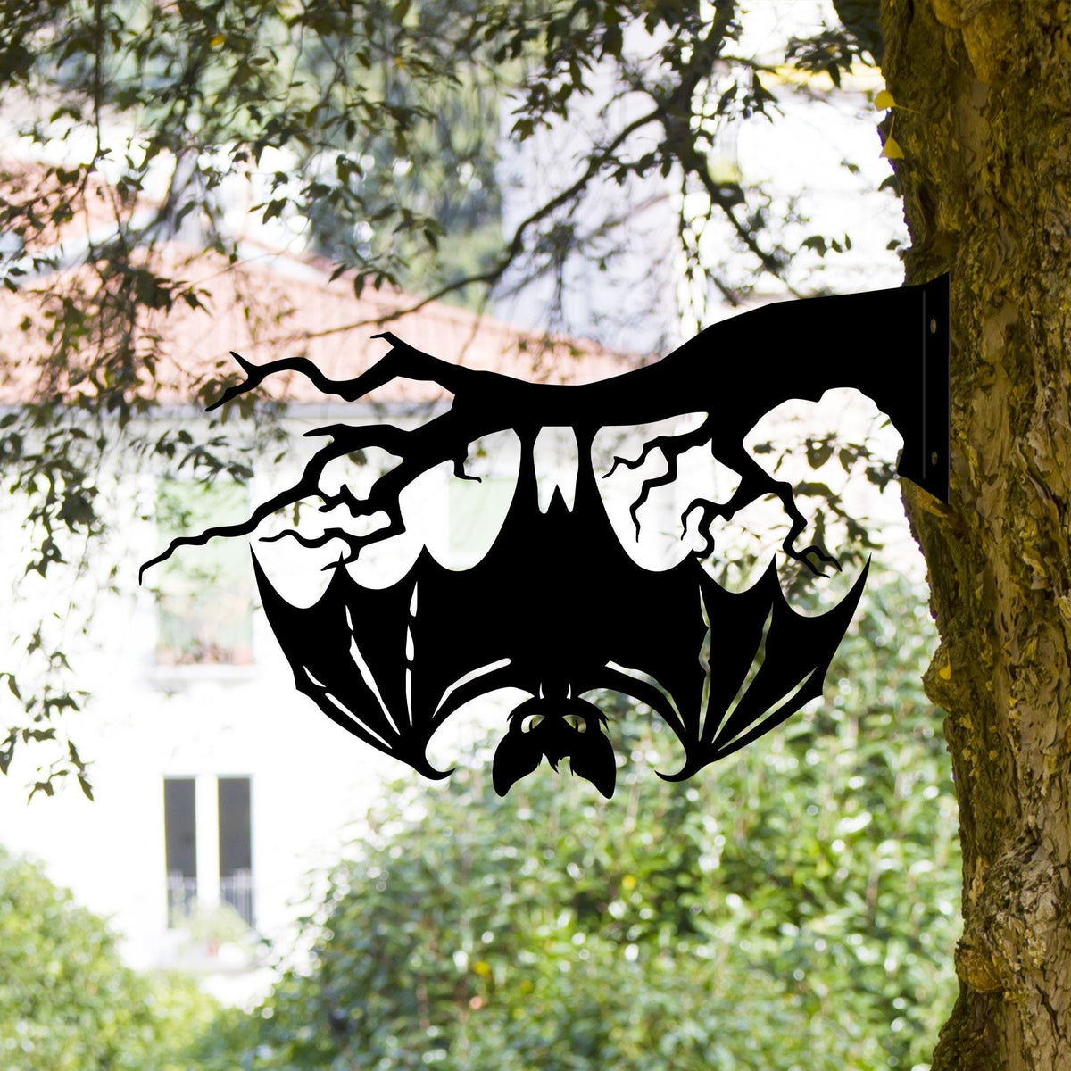Metal Bat on Branch, Halloween Garden Decor, Vampire Bat Yard Art