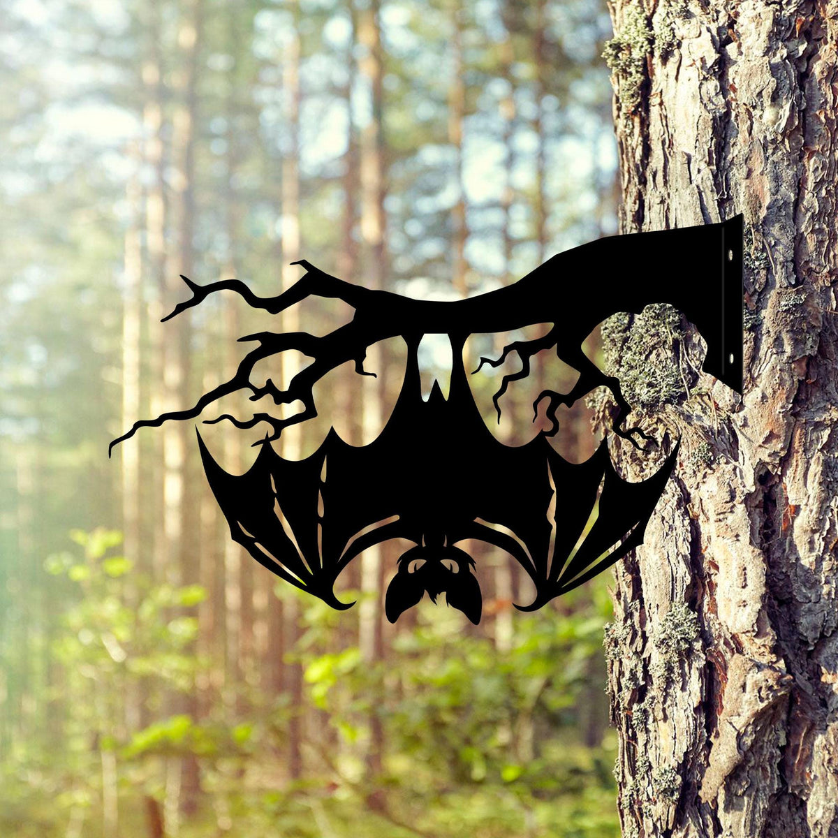 Metal Bat on Branch, Halloween Garden Decor, Vampire Bat Yard Art