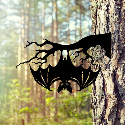 Metal Bat on Branch, Halloween Garden Decor, Vampire Bat Yard Art